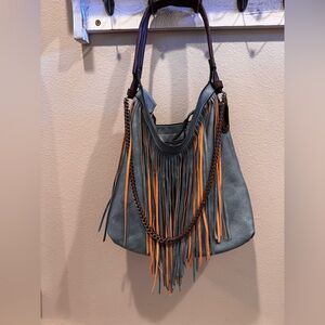 Le Miel Vegan Leather Fringe Hobo Bag Blue Brown Western Hippie Boho Purse Large